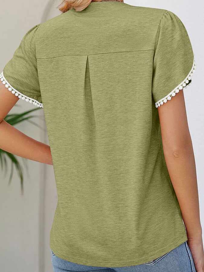Solid V-neck Lace Short Sleeve Casual Top