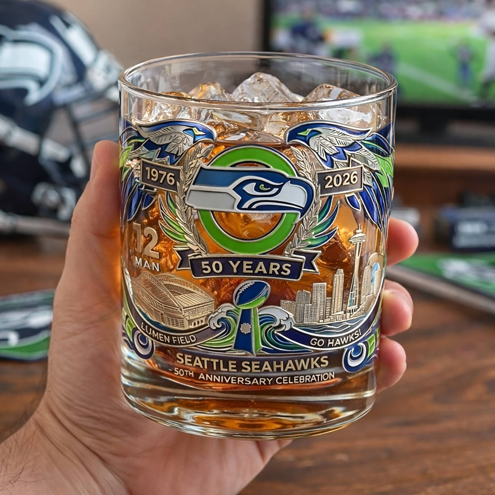 Seattle Seahawks 50th Anniversary Commemorative Whiskey Glass