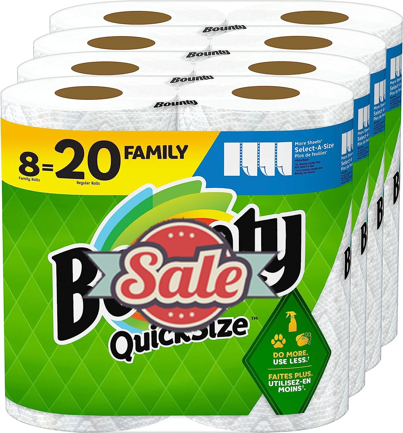 Bounty Quick Size Paper Towels, White, 8 Family Rolls = 20 Regular Rolls (Packaging May Vary)