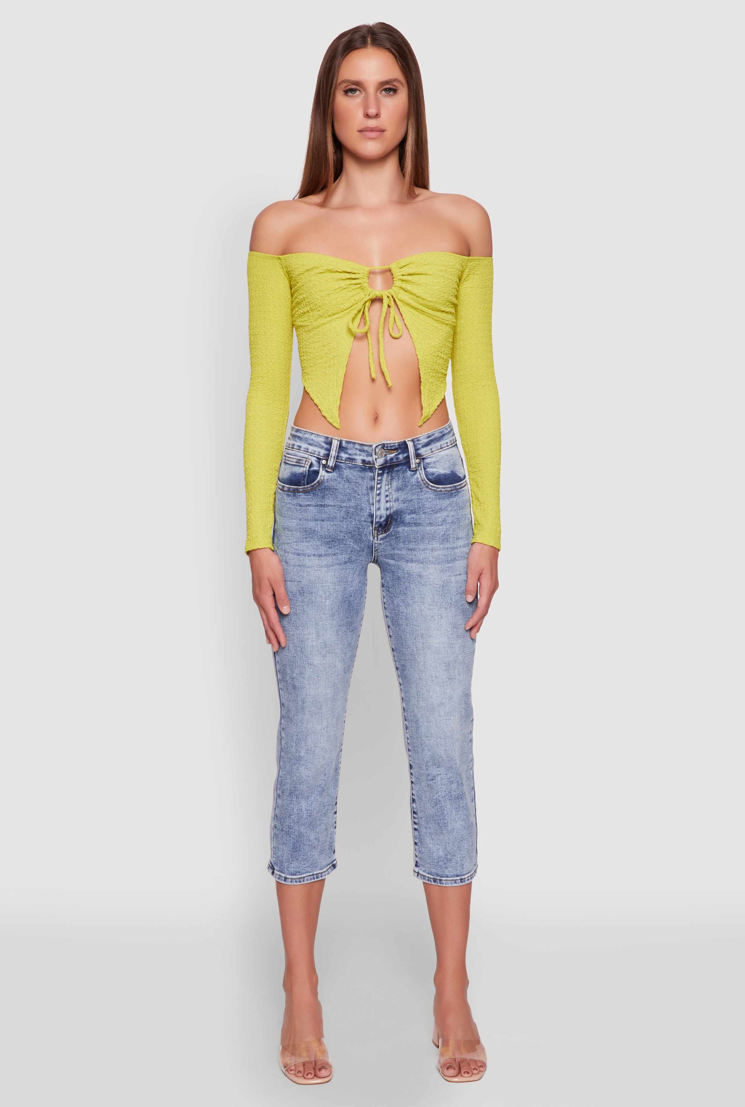 Trendy Off Shoulder Textured Knit Tie Front Crop Top