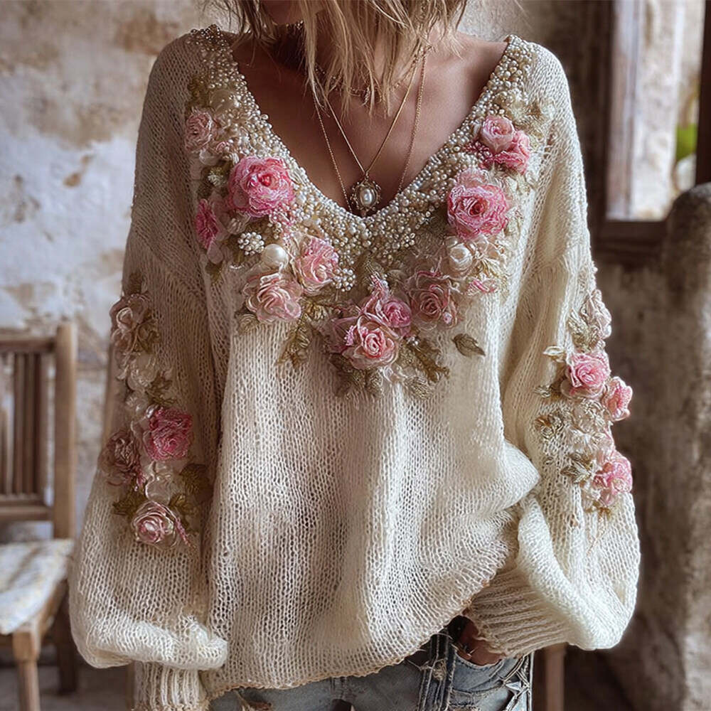 Boho Floral Pearl Embellished Embroidered Vintage Women's V-neck Sweater