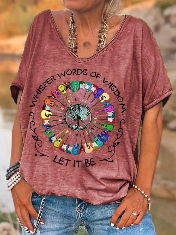Women's Hippie Whisper Words Of Wisdom Let It Be Guitar Peace Casual V-Neck Tee