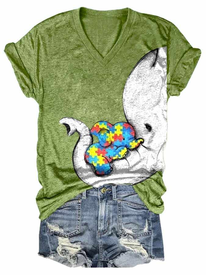 Women'S Autism Elephant And Baby Elephant Print T-Shirt