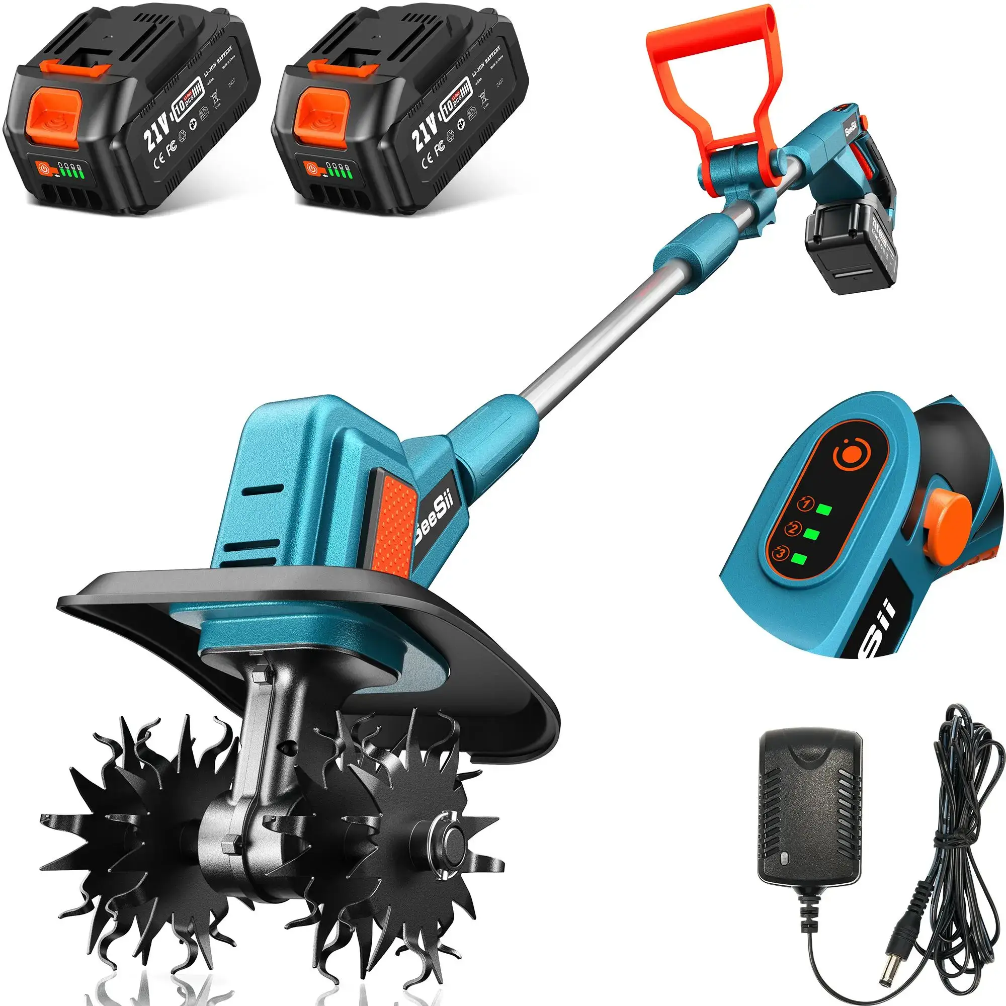 SEESII 20V Electric Tiller for Gardening 360 RPM Rototiller Cordless Cultivator 8000mAh Battery 4 Blades Handheld Tiller for Raised Beds Outdoorfun