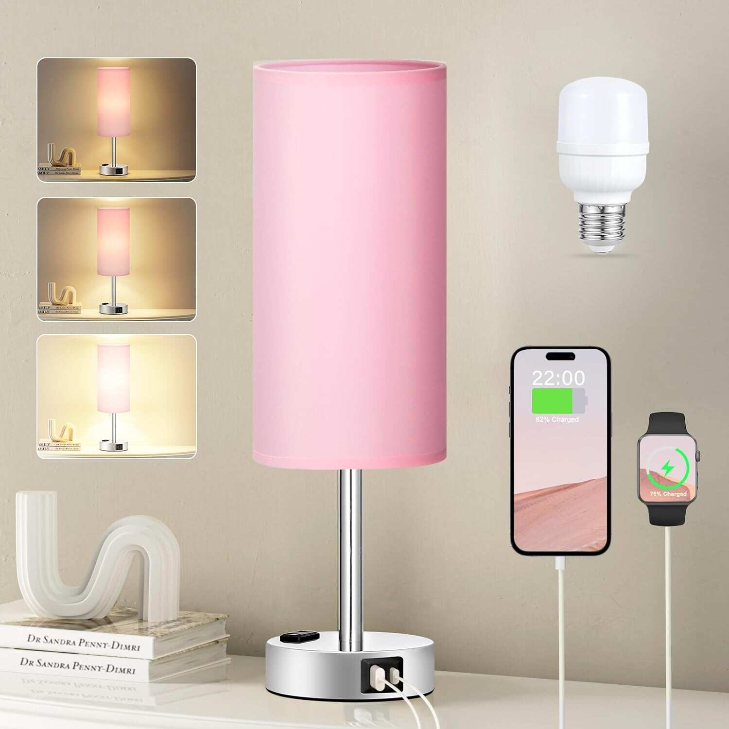 Bedside Table Lamp for Bedroom - 3 Way Dimmable Touch Lamp USB C Charging Ports and AC Outlet, Small Lamp Wood Base Round Flaxen Fabric Shade for Living Room, Desk, LED Bulb Included