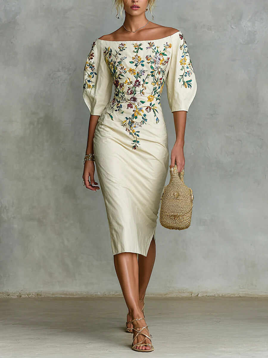Women's floral print mid-sleeve slit dress