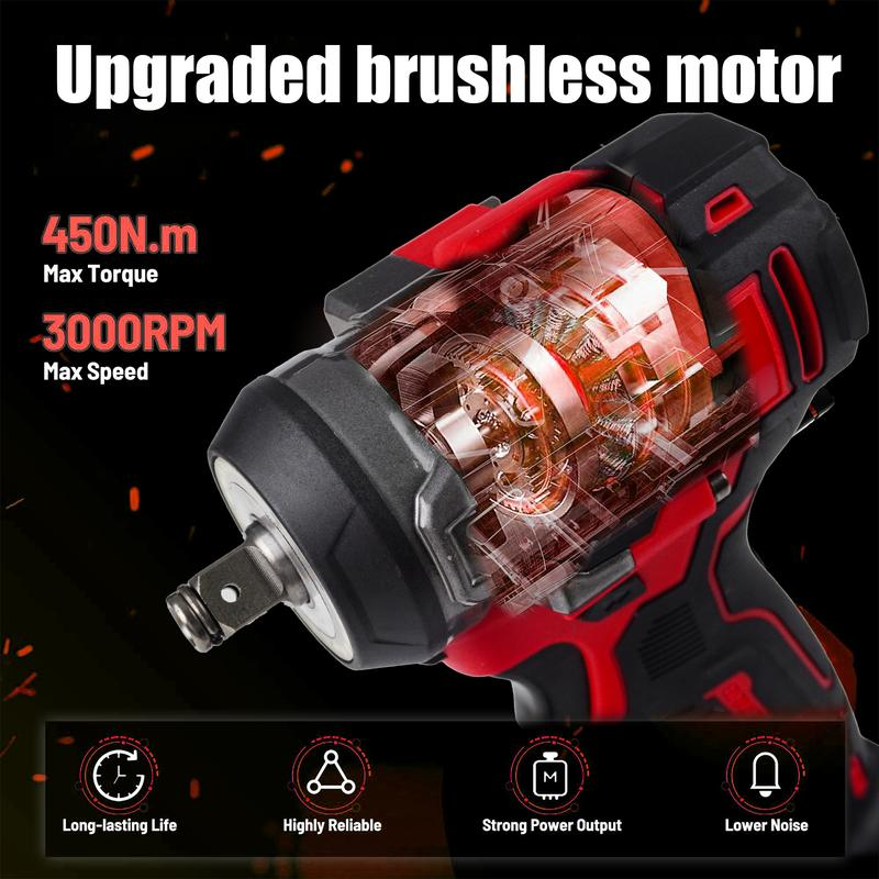 3-in-1 Cordless Brushless Impact Wrench – 450N High Torque Power Tool Perfect for Car Repair, Home DIY & Construction | Red & Black Design