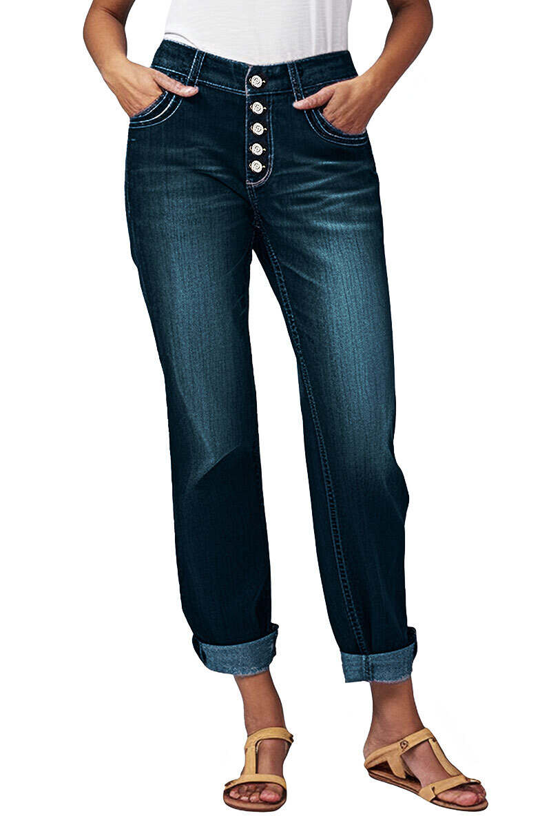 Button Up Roll Hem Low Waist Straight Leg Jeans