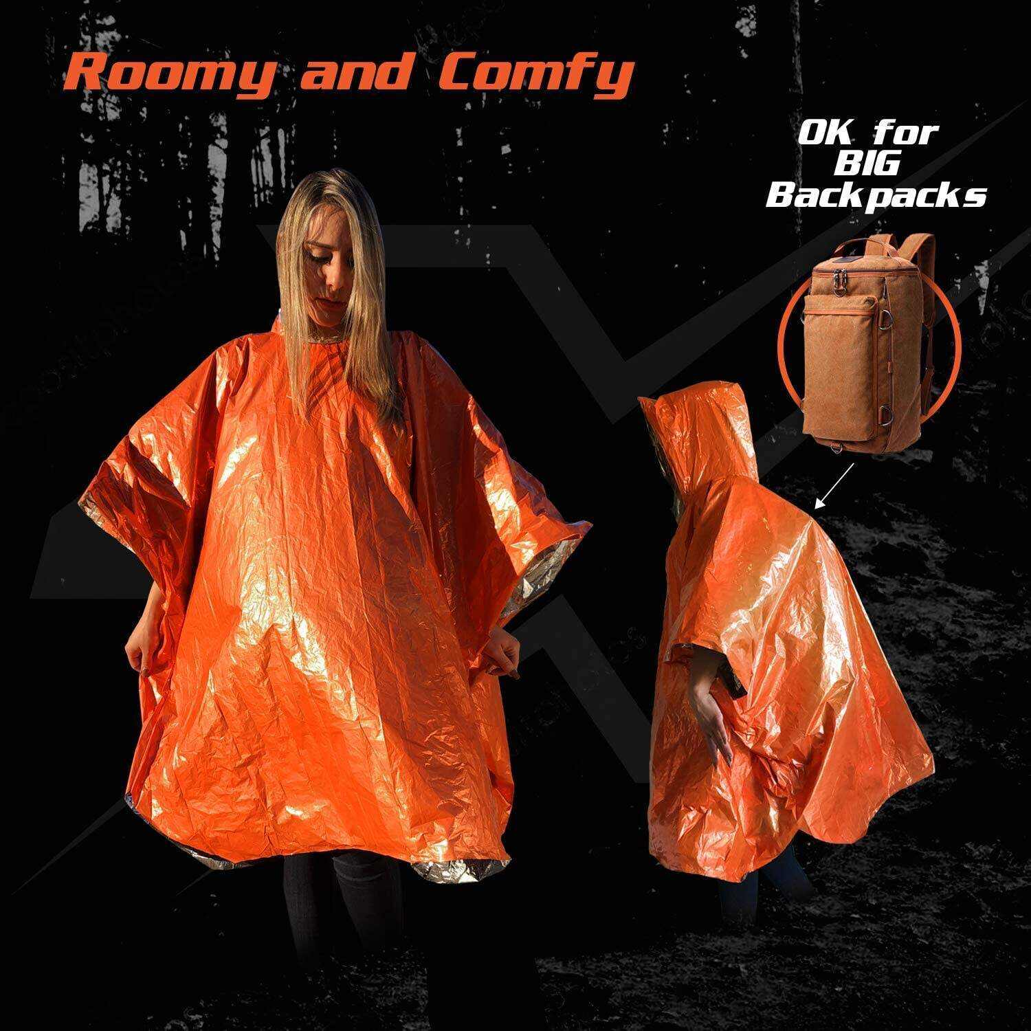 PREPARED4X Emergency Rain Poncho with Mylar Blanket Liner - Survival Blankets for Car - Heavy Duty, Waterproof Camping Gear, Tactical Prepper Supplies