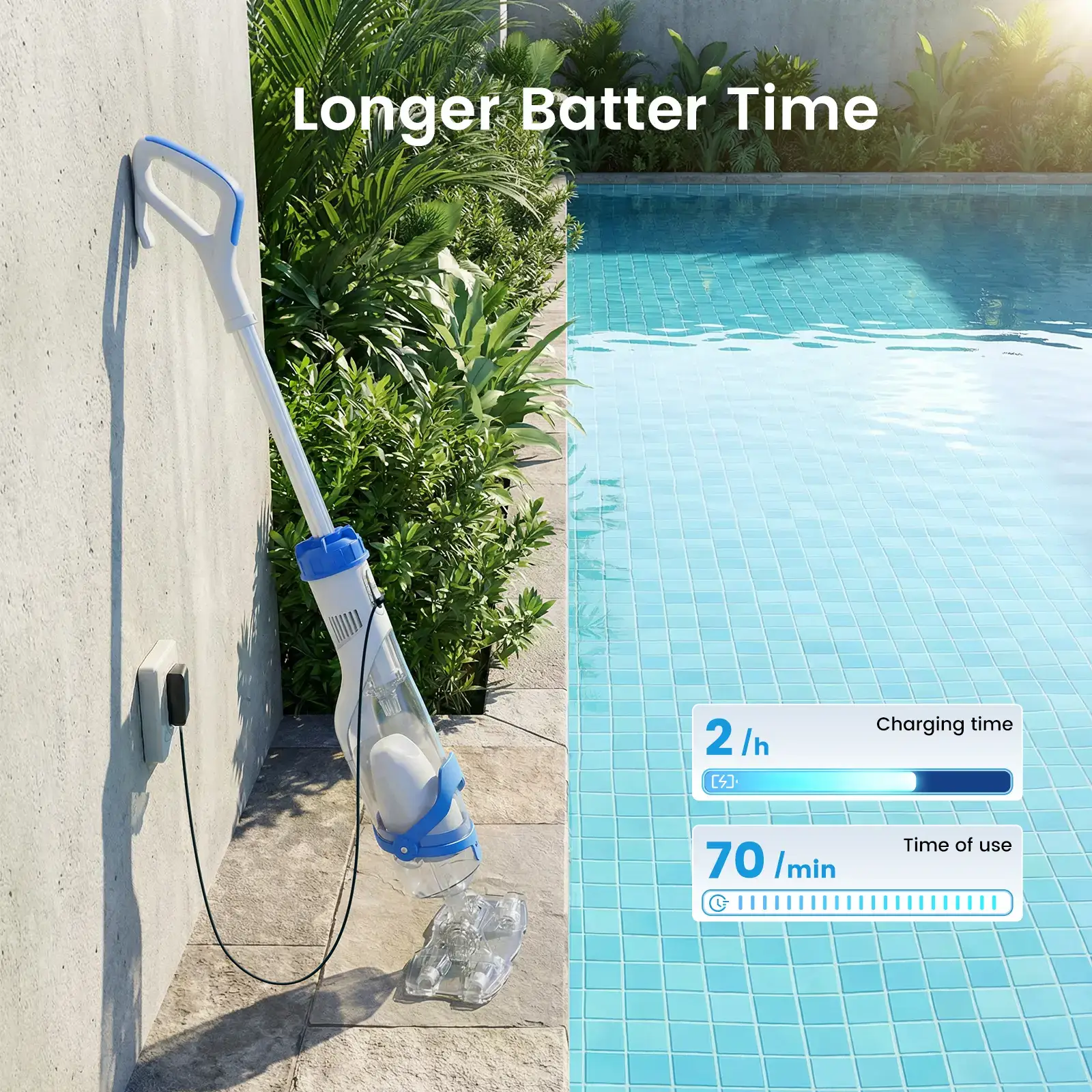 New Upgrade PC18 Pool Vacuum for Above Ground Pool with Telescopic Pole, Running time up to 1H, Handheld Design with Powerful Suction up to 18.5 gallon/min Ideal for Leaves, Debris