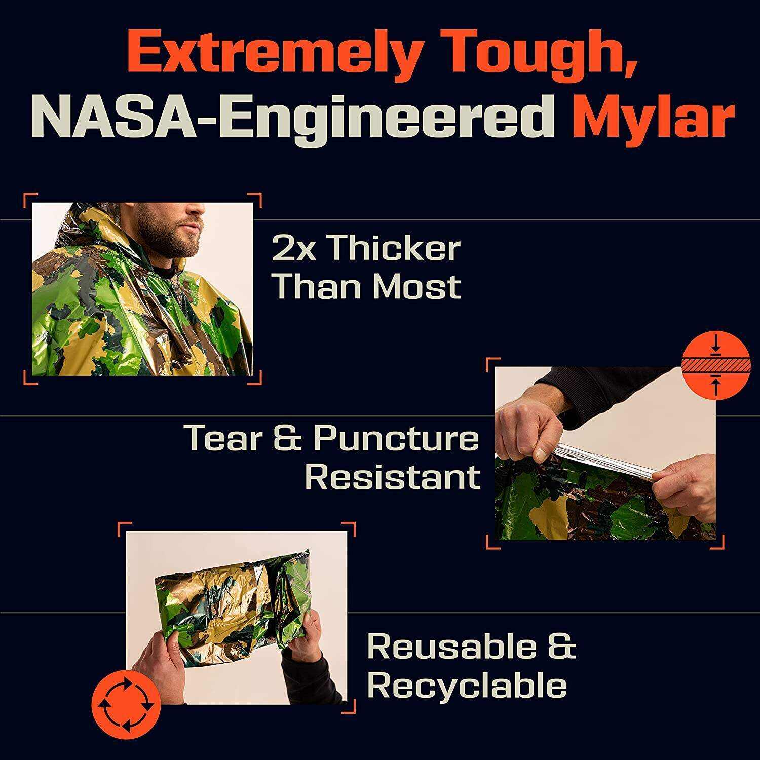 PREPARED4X Emergency Rain Poncho with Mylar Blanket Liner - Survival Blankets for Car - Heavy Duty, Waterproof Camping Gear, Tactical Prepper Supplies