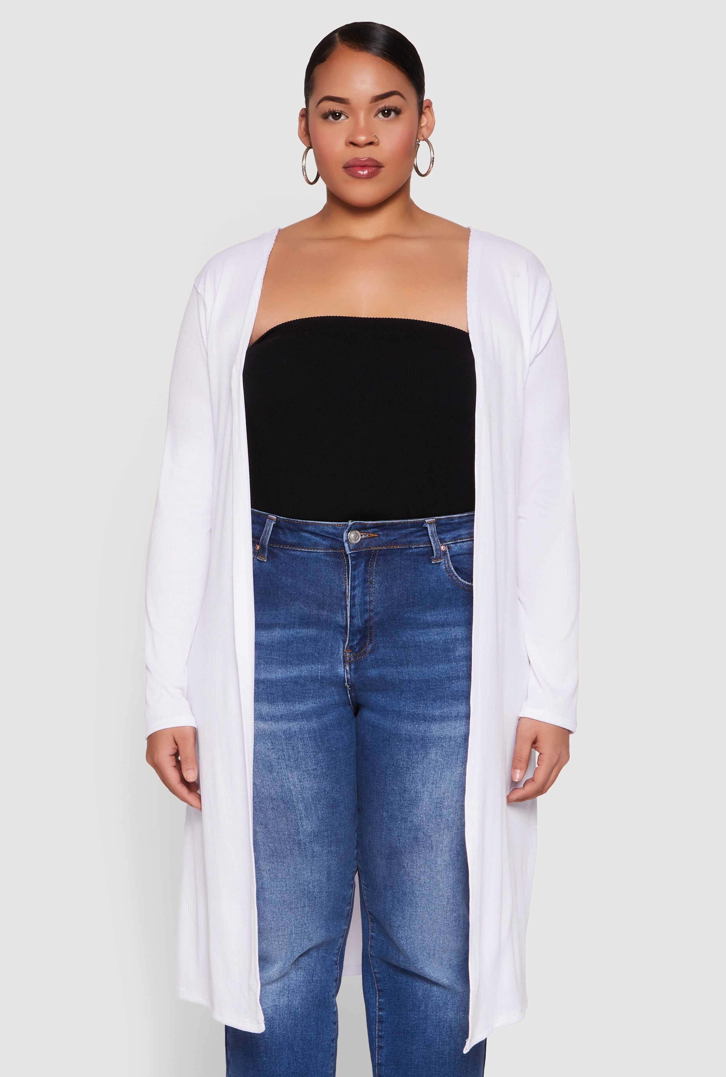 Plus Size Ribbed Soft Knit Open Front Duster