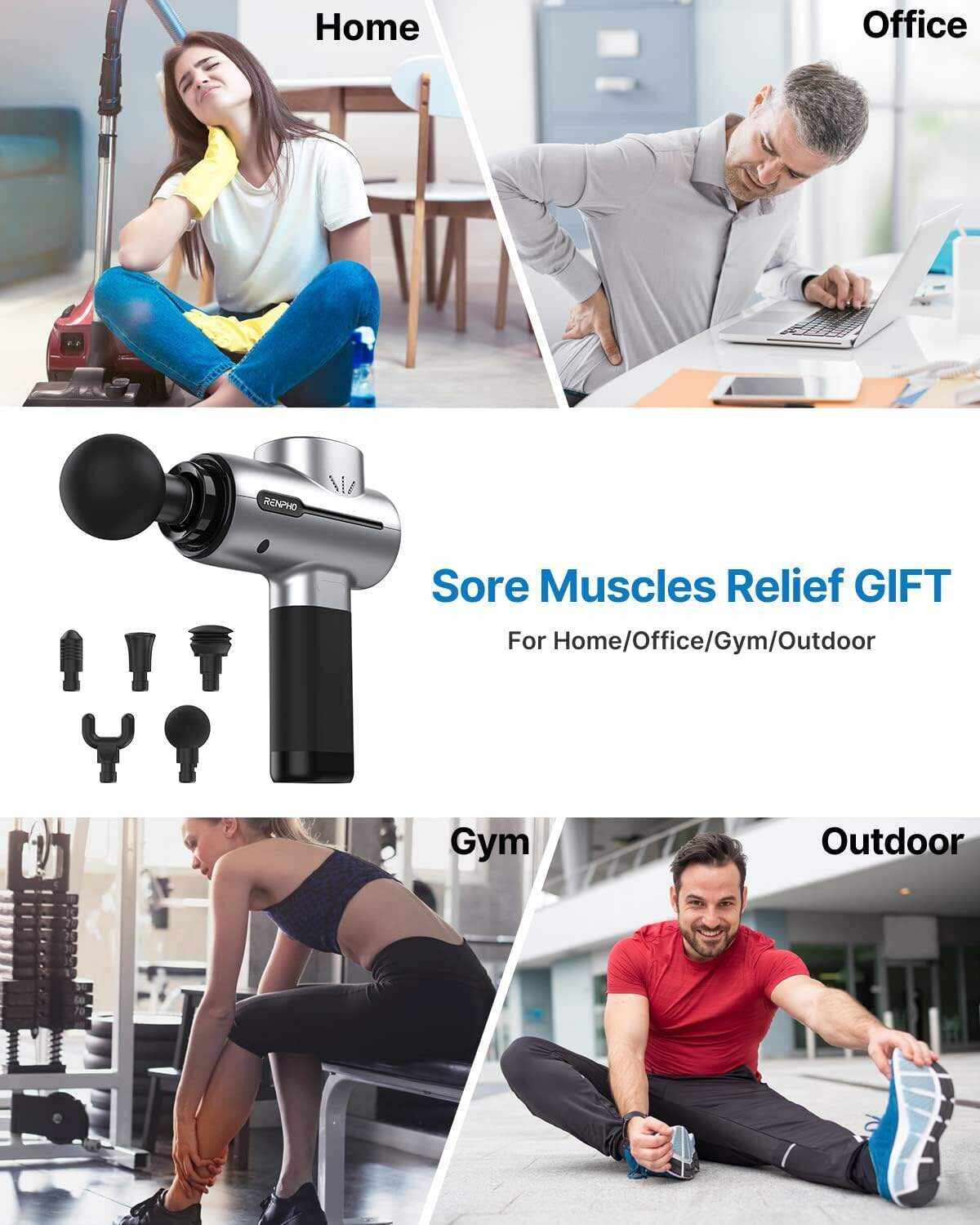 RENPHO Active Massage Gun Deep Tissue Muscle, Powerful Percussion Massage Gun, Portable Back Massager Gun for Athletes for Pain Relief, Electric Back Massagers, Handheld Massager Carry Case