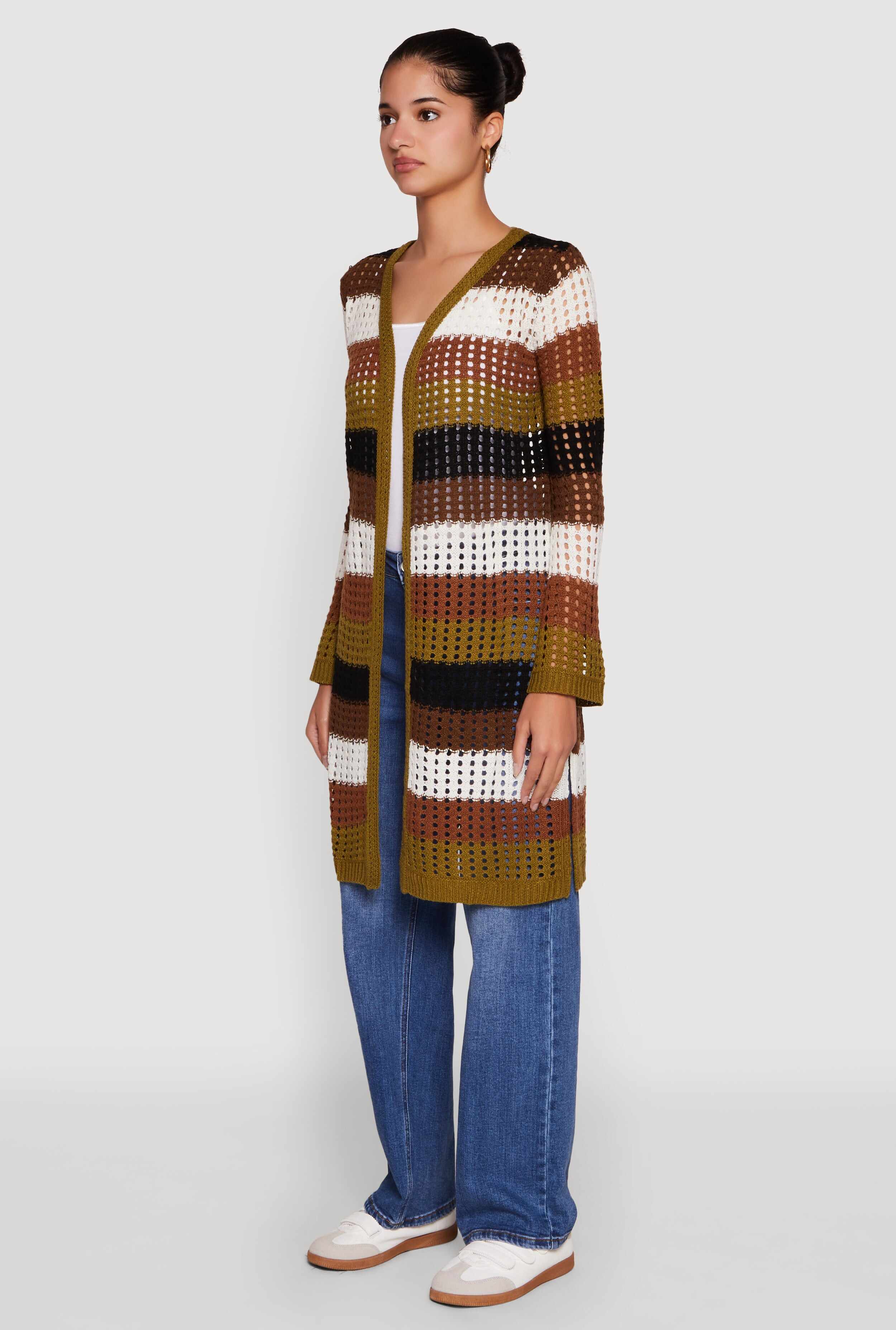 Chic Crochet Long Sleeve Striped Duster