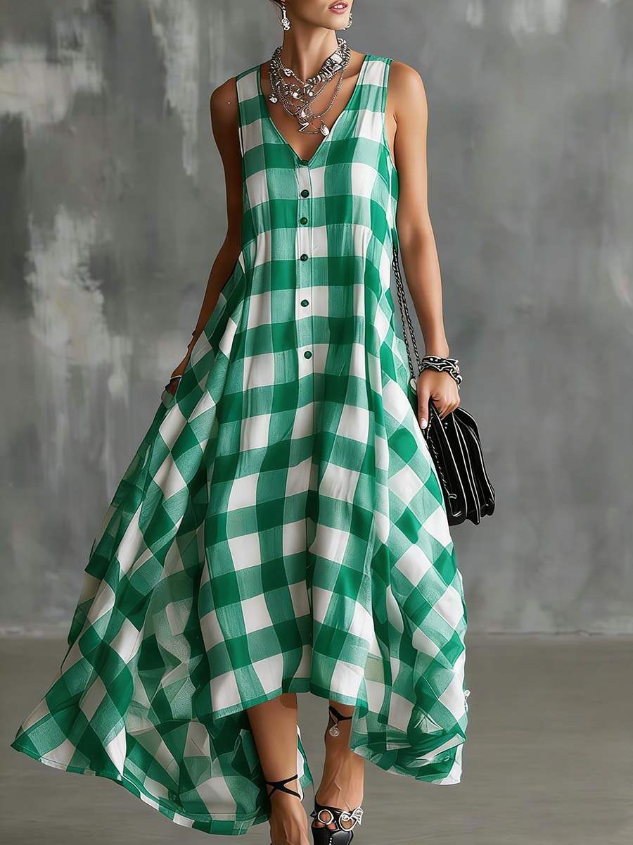 🔥Summer Arrivals🌟Women's V-neck Sleeveless Plaid Print Casual Loose Cotton Linen Dress