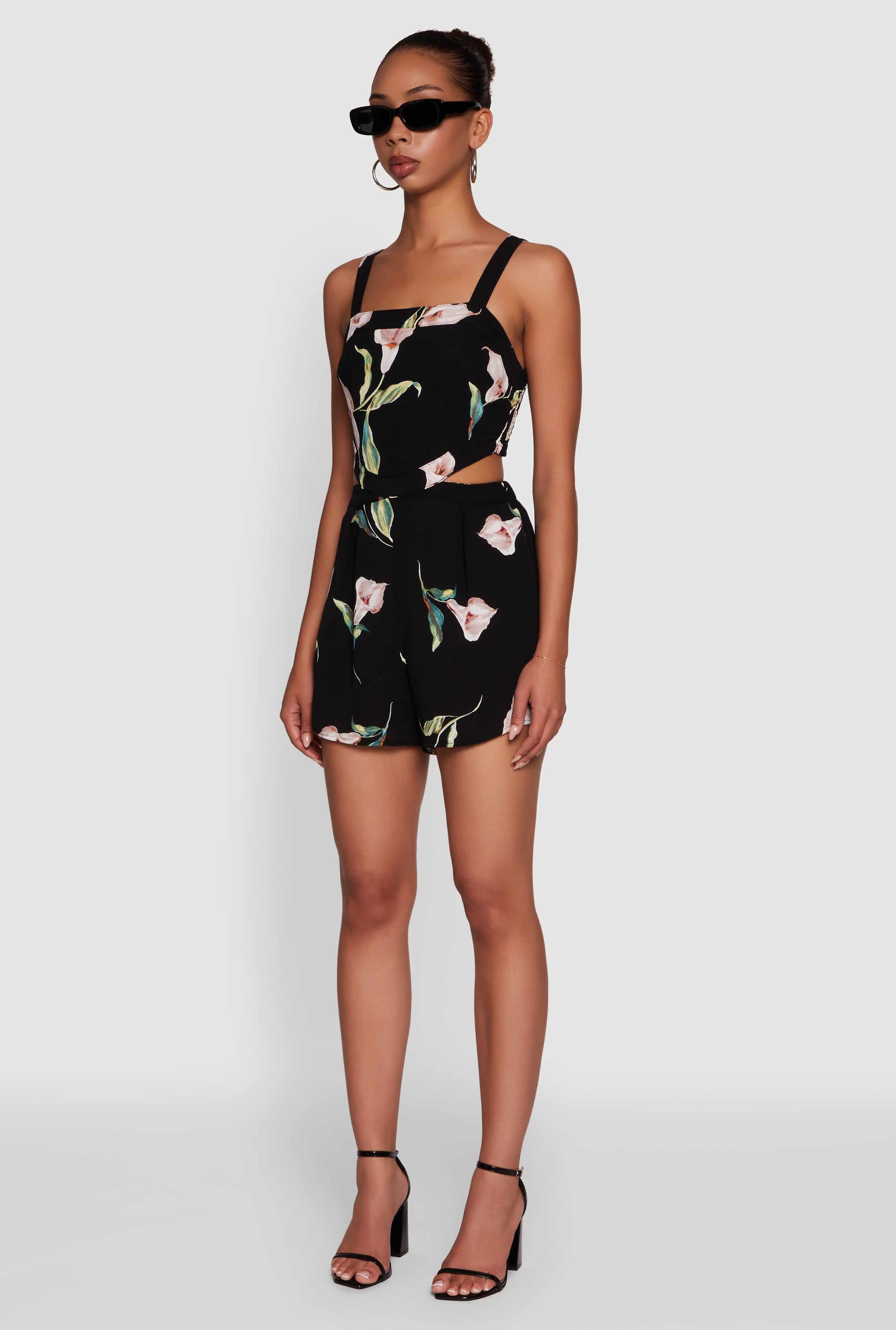 Floral Print Crepe Knit Sleeveless Romper