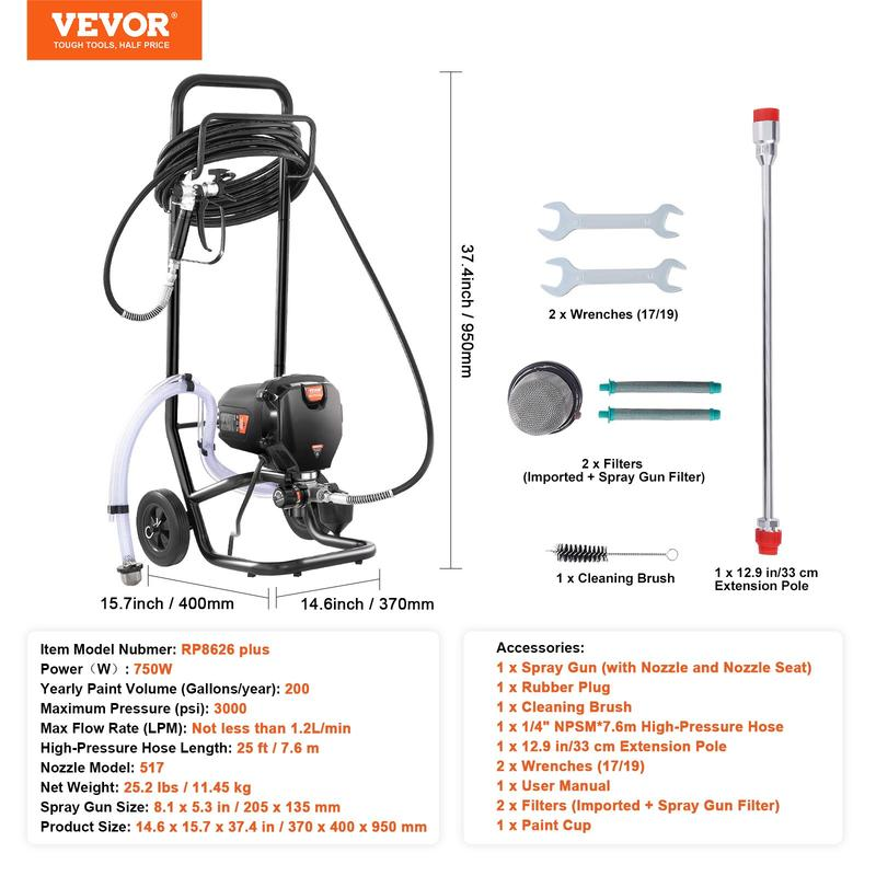 Stand Airless Paint Sprayer 3000PSI 750W for Home Interior & Exterior Furniture & Fences