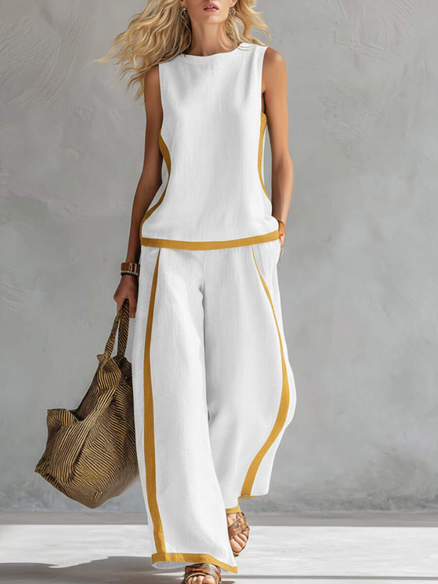 🔥Summer Arrivals🌟Women's Round Neck Sleeveless Casual Loose Top And High-waisted Loose Wide-leg Pants Cotton And Linen Set.