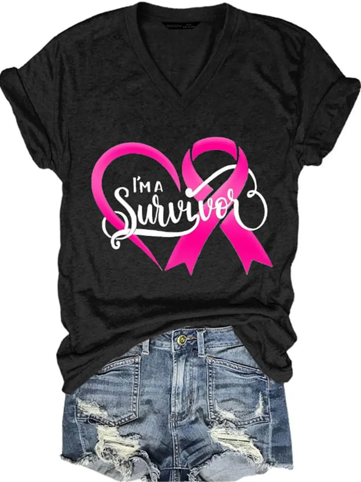 Breast Cancer Red Ribbon Awareness V-Neck T-Shirt