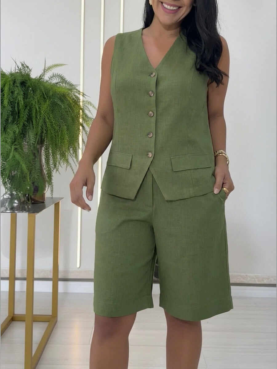 🔥Summer Arrivals🌟Casual Linen And Cotton Vest And Bermuda Shorts Two-piece Set