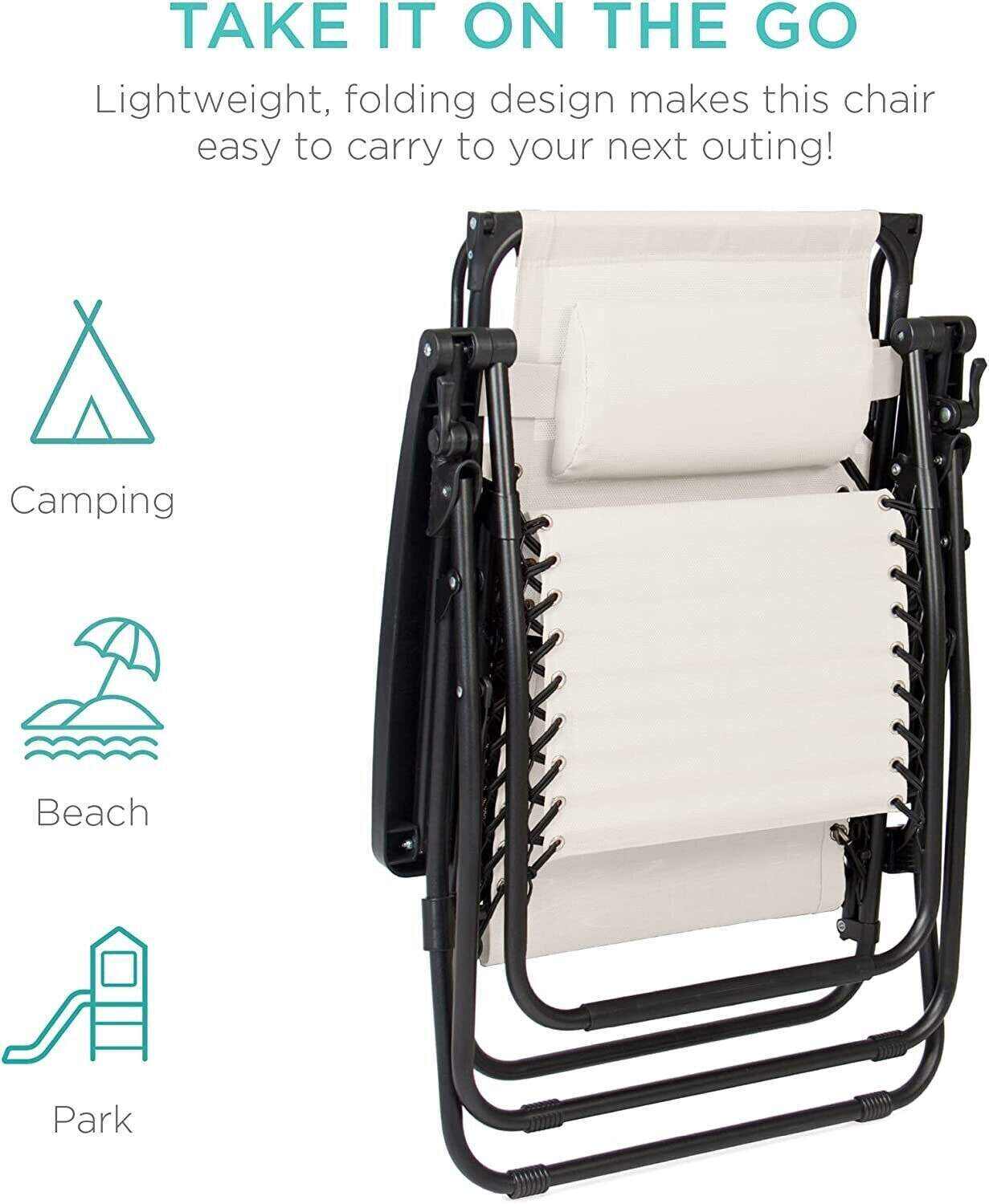Folding Zero Gravity Recliner Patio Lounge Chair w/Adjustable Canopy Shade, Headrest, Side Accessory Tray, Textilene Mesh - Beige