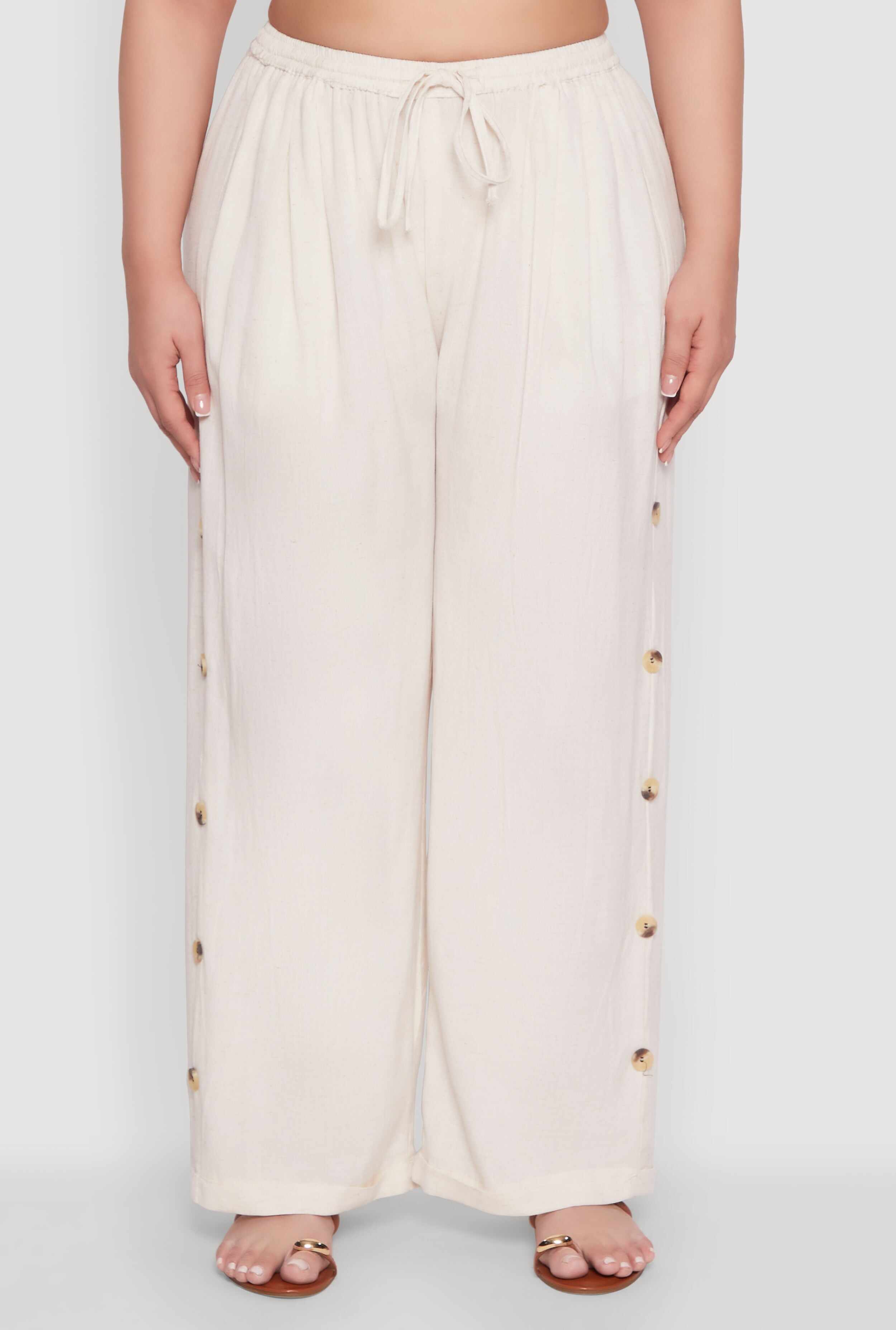 Plus Size Side Button Detail Linen Pants