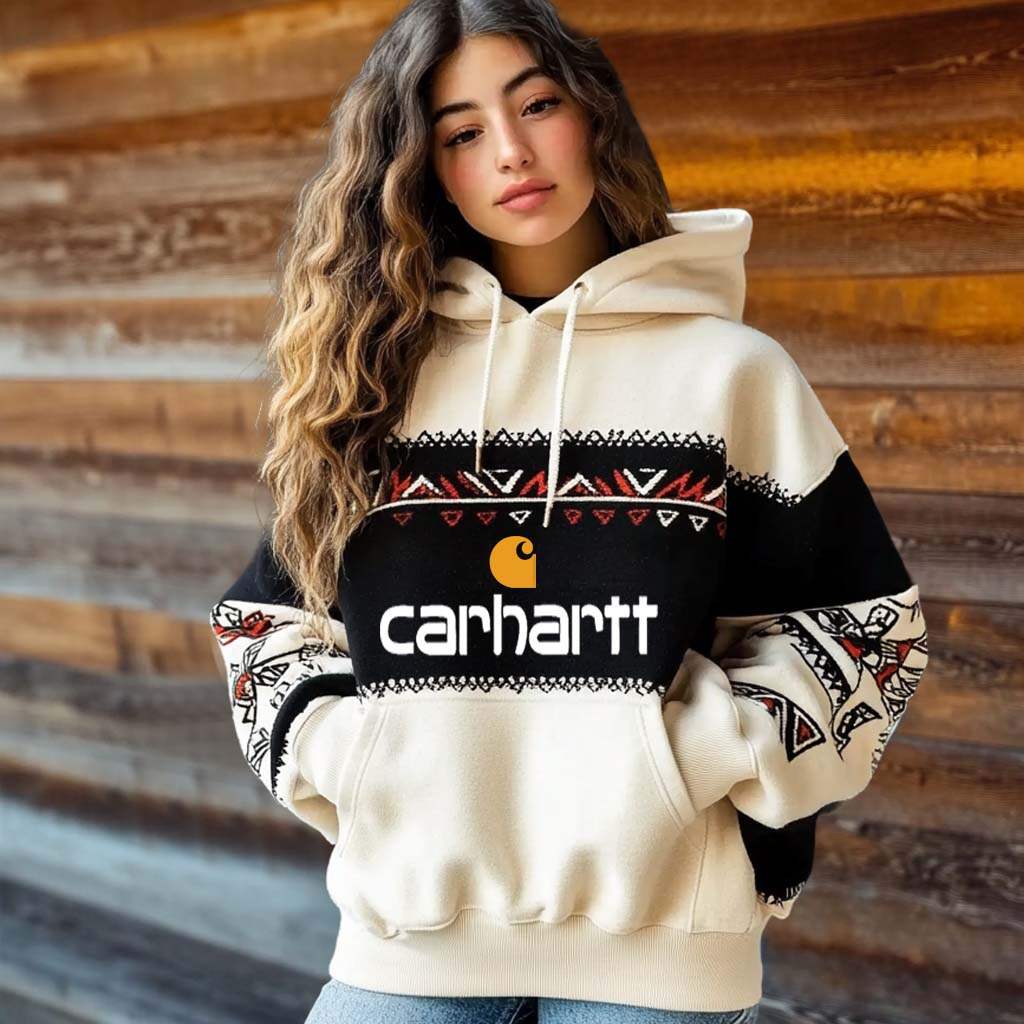 Women's Vintage Ethnic Color Block Pocket Oversized Long Sleeve Hoodie