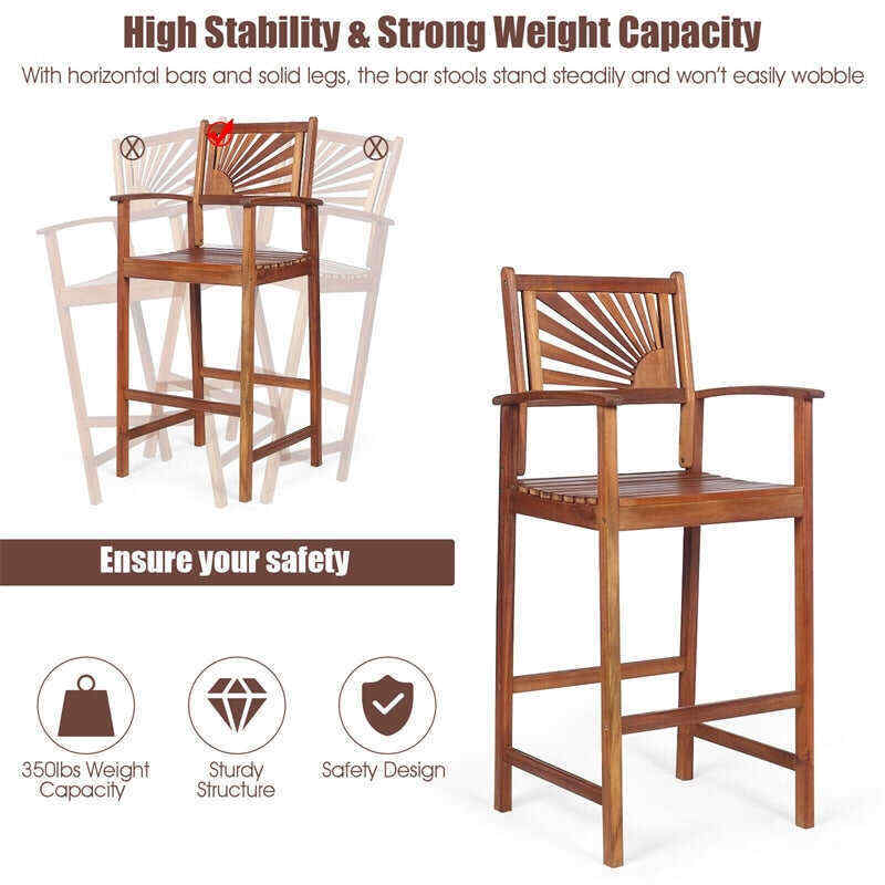 Outdoor Acacia Wood Bar Chairs Set of 2 with Sunflower Backrest and Armrests