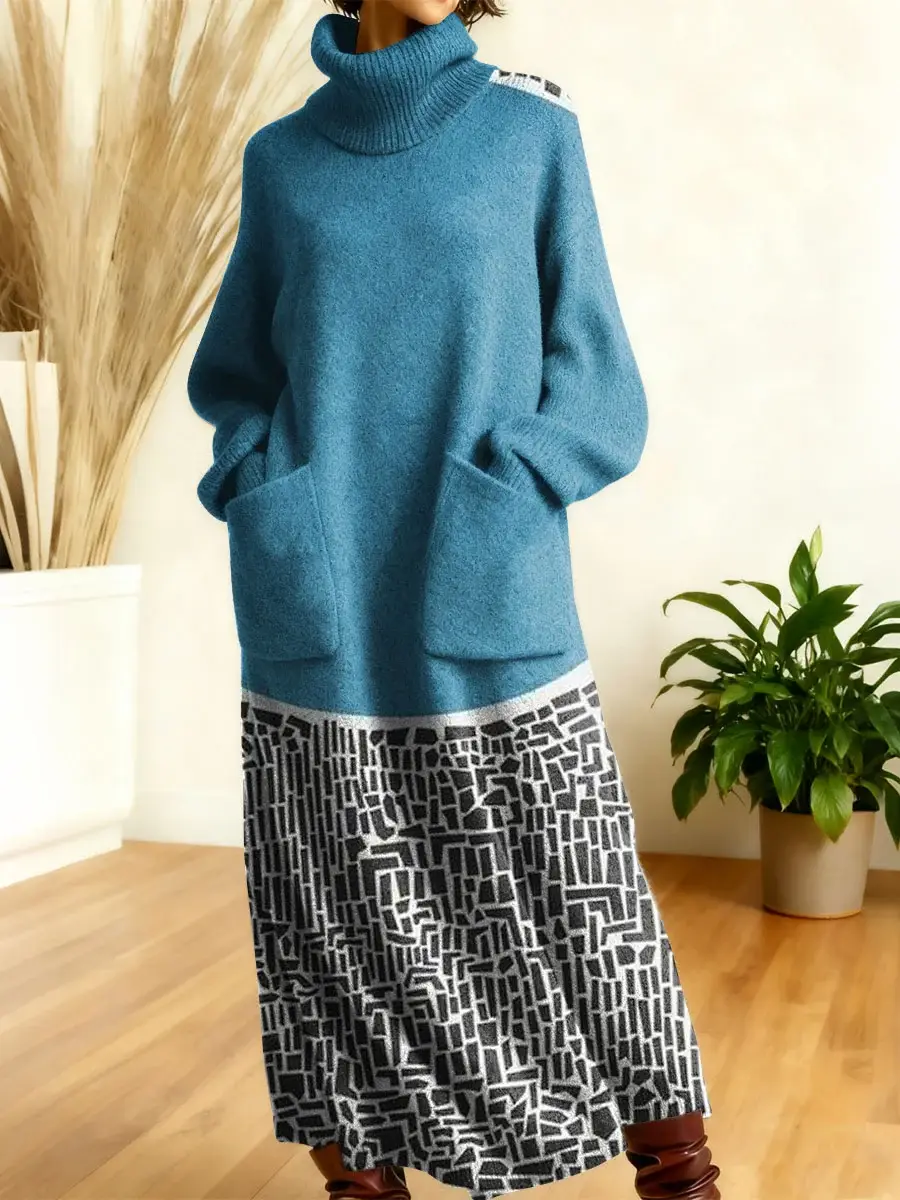 🔥Summer Arrivals🌟Women's Retro Abstract Geometric Colorful Splicing Patterns Art High-neck Long-sleeve Casual Loose Knit Dress