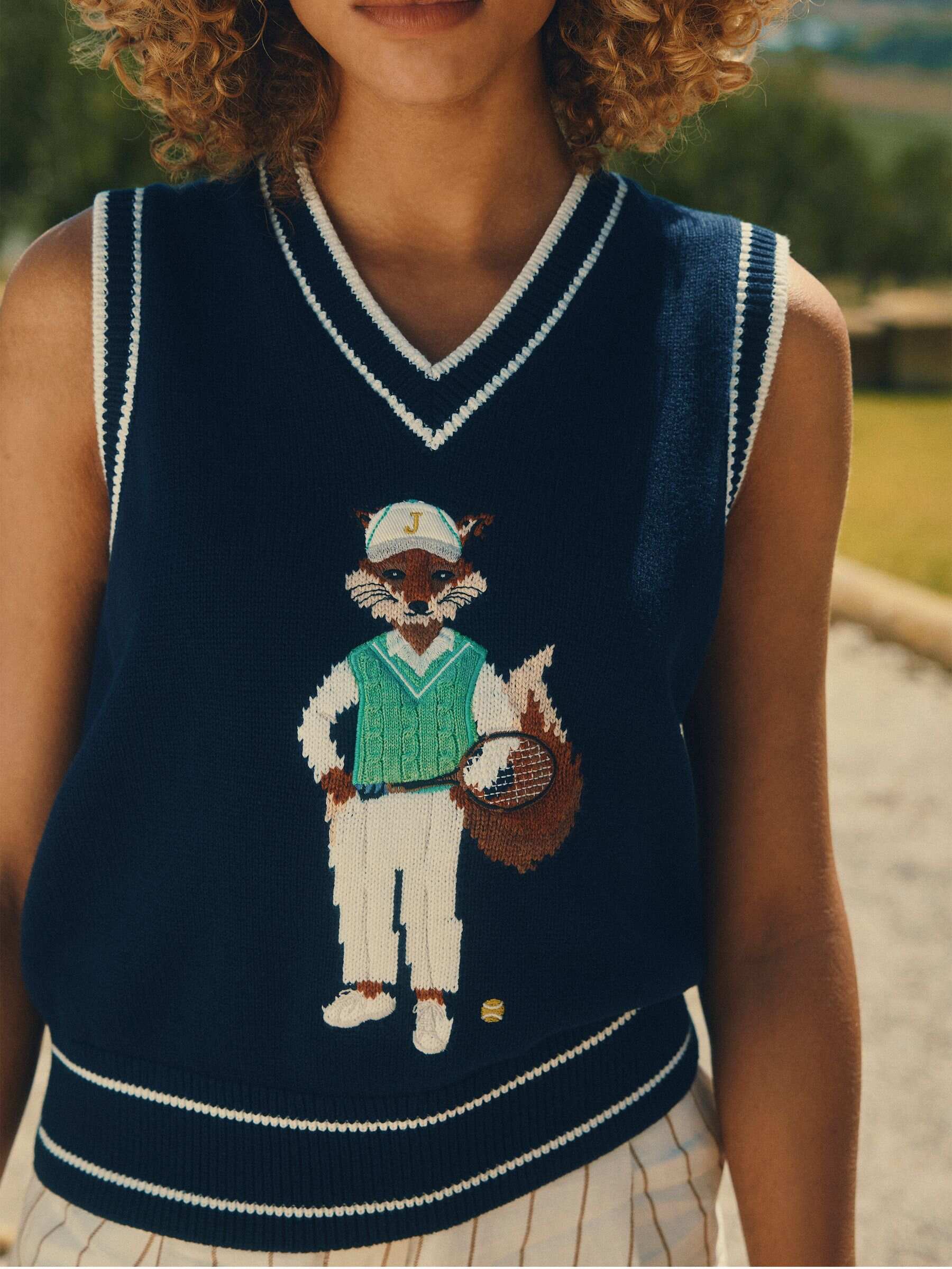 Jonty Navy Intarsia Fox Knitted Cotton Vest