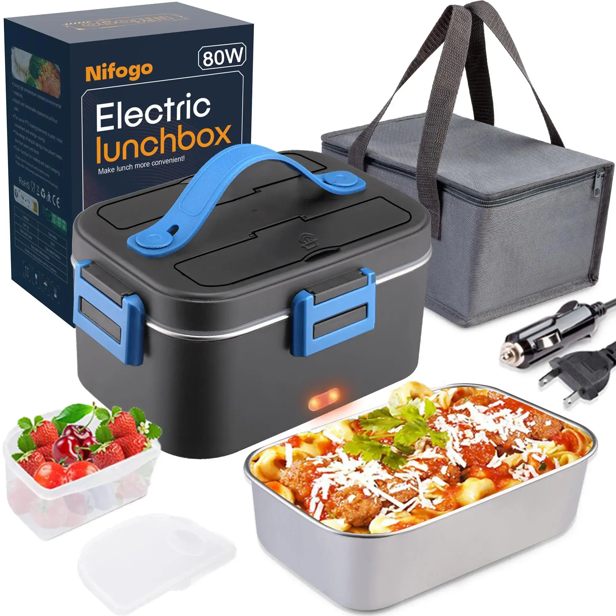 80W Electric Lunch Box Leakproof Design 1.5L 1.8L Car Portable Food Heater With Cutlery Bag For Office Workers Students