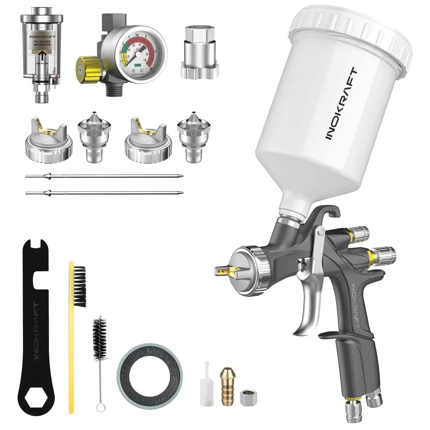 InoKraft DRZZLE D1-LVLP Spray Gun Premium & Basic Kit for Cars & House DIY Painting Superior Quality Atomization Efficient Transfer Easy Operation One-Piece Forged Aluminum Body Teflon Coating