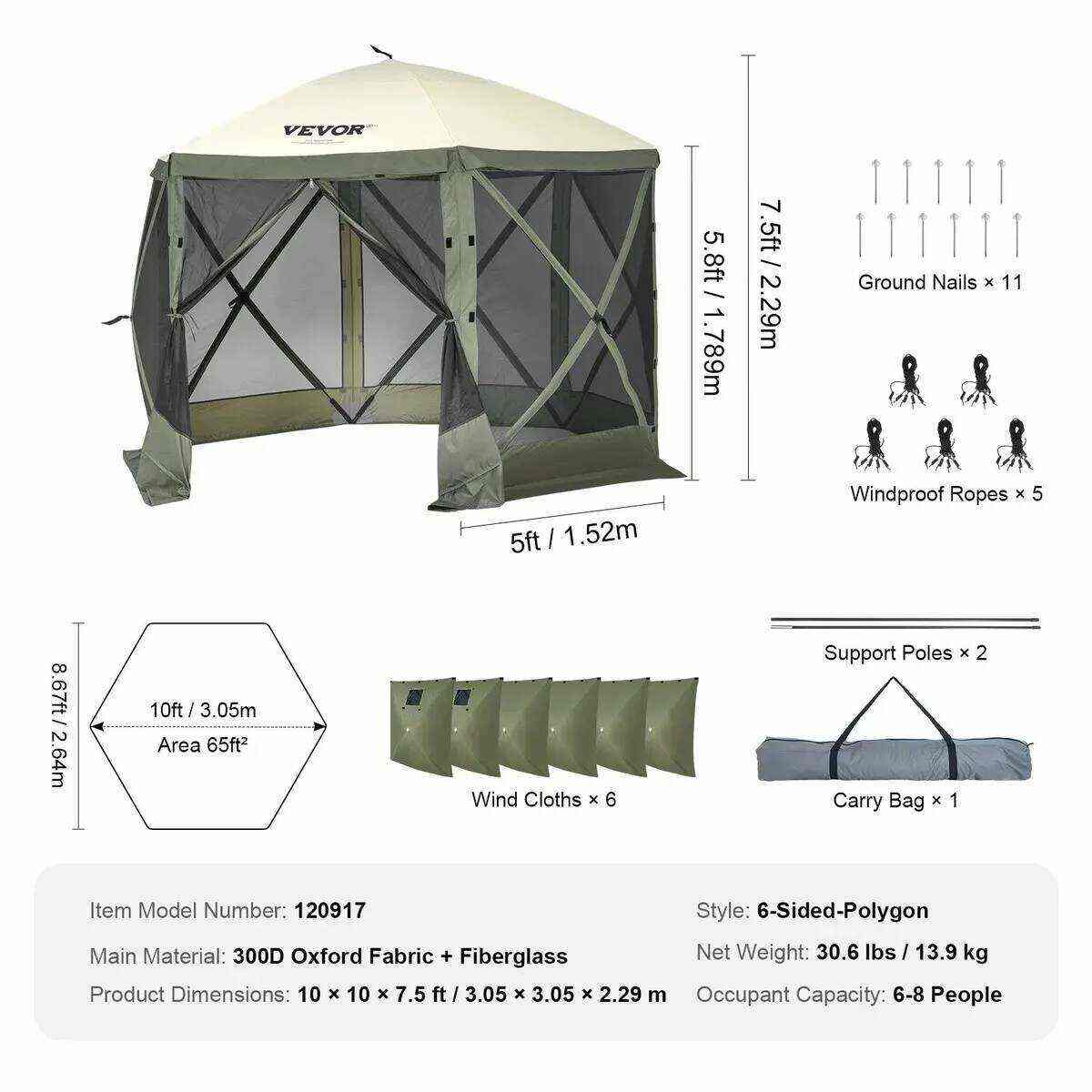 Camping Gazebo Screen Tent, 12*12ft, 6 Sided Pop-up Canopy Shelter Tent with Mesh Windows, Portable Carry Bag, Stakes, Large Shade Tents for Outdoor Camping, Lawn and Backyard, Brown/Beige