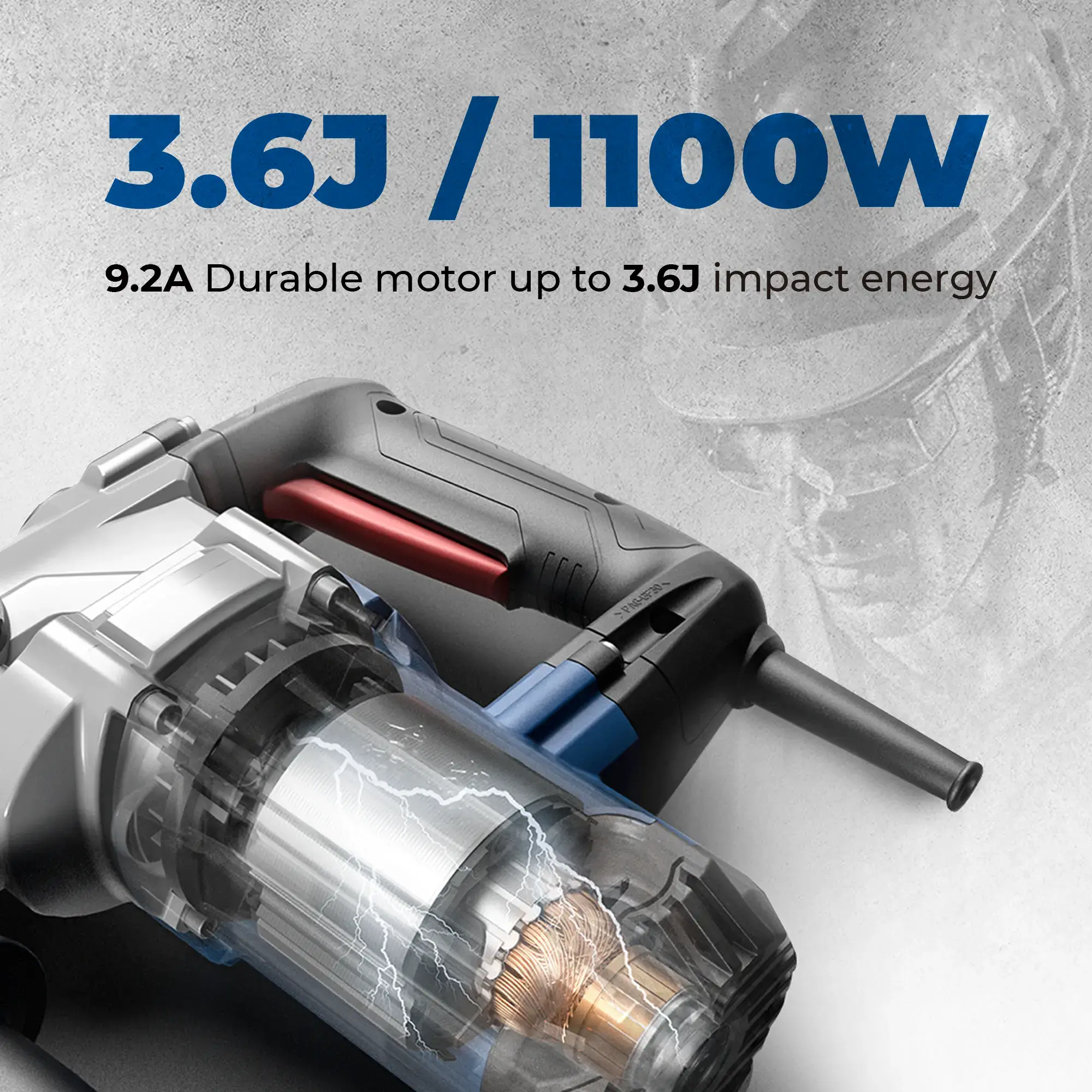 【5-year warranty】1-1/8 Inch SDS-Plus Rotary Hammer Drill with Safety Clutch, 9.2 Amp Heavy Duty Corded Demolition Hammer for Concrete, 3.6 Joules, Including 3 Drill Bits, Flat Chisels and Point Chisels Power Tools