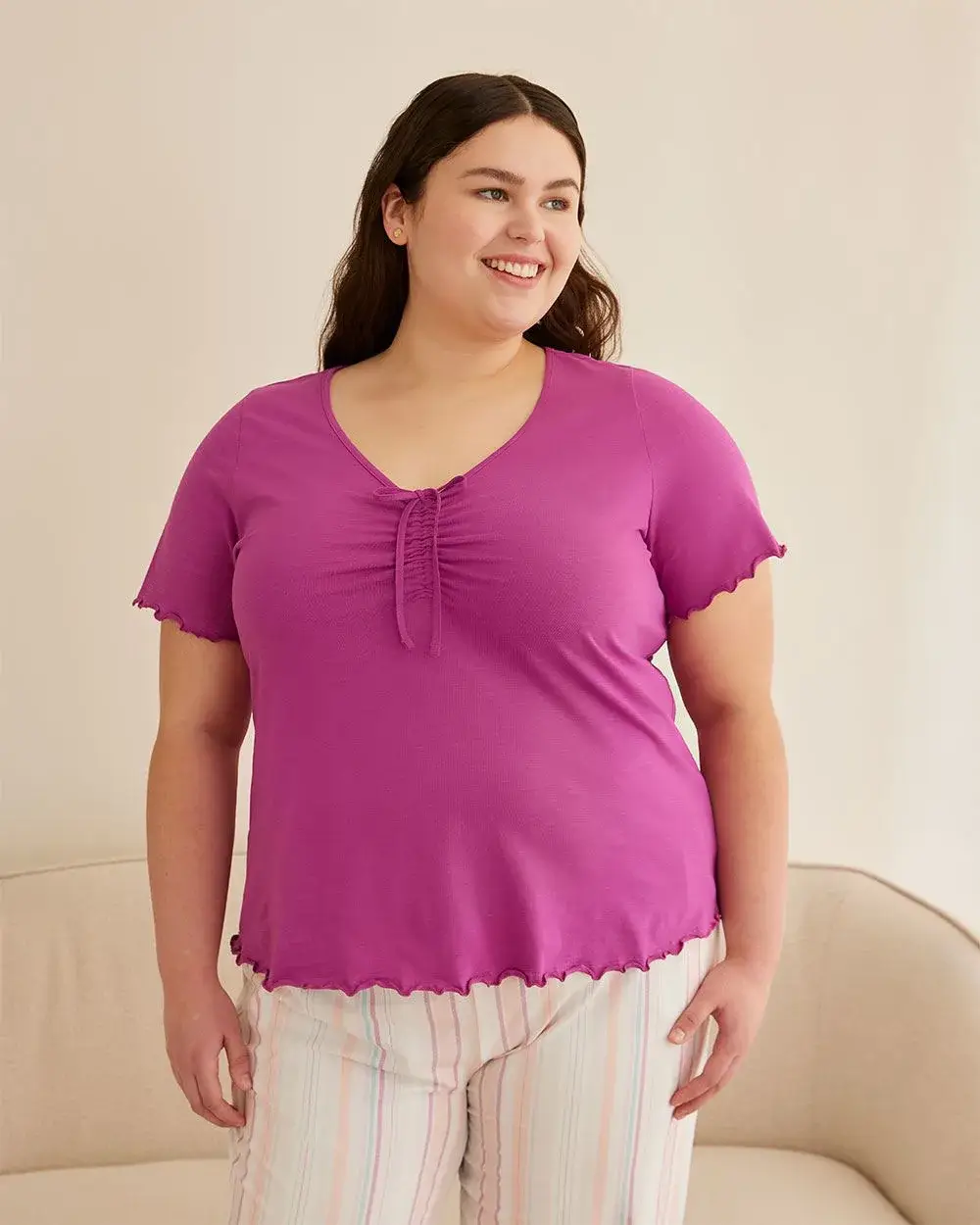 Short-Sleeve Cotton Pyjama Top with V Neckline - ti Voglio