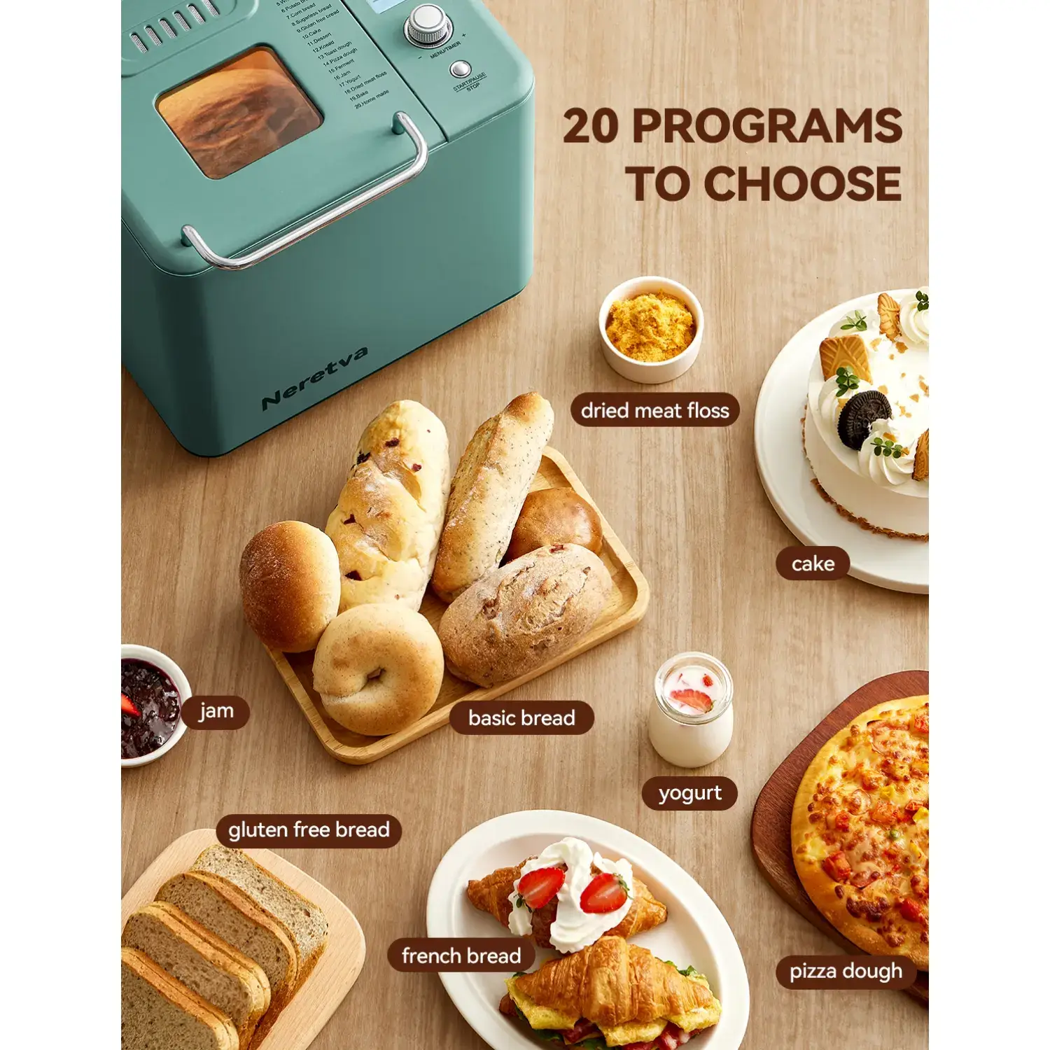 Bread Maker, 20-IN-1 2LB Bread Machine Dual Heater Bread Maker Machine Automatic with Nonstick Ceramic Pan, 15H Timer & 1H Keep Warm Set, Low Noise, Stainless Steel Breadmaker Recipe