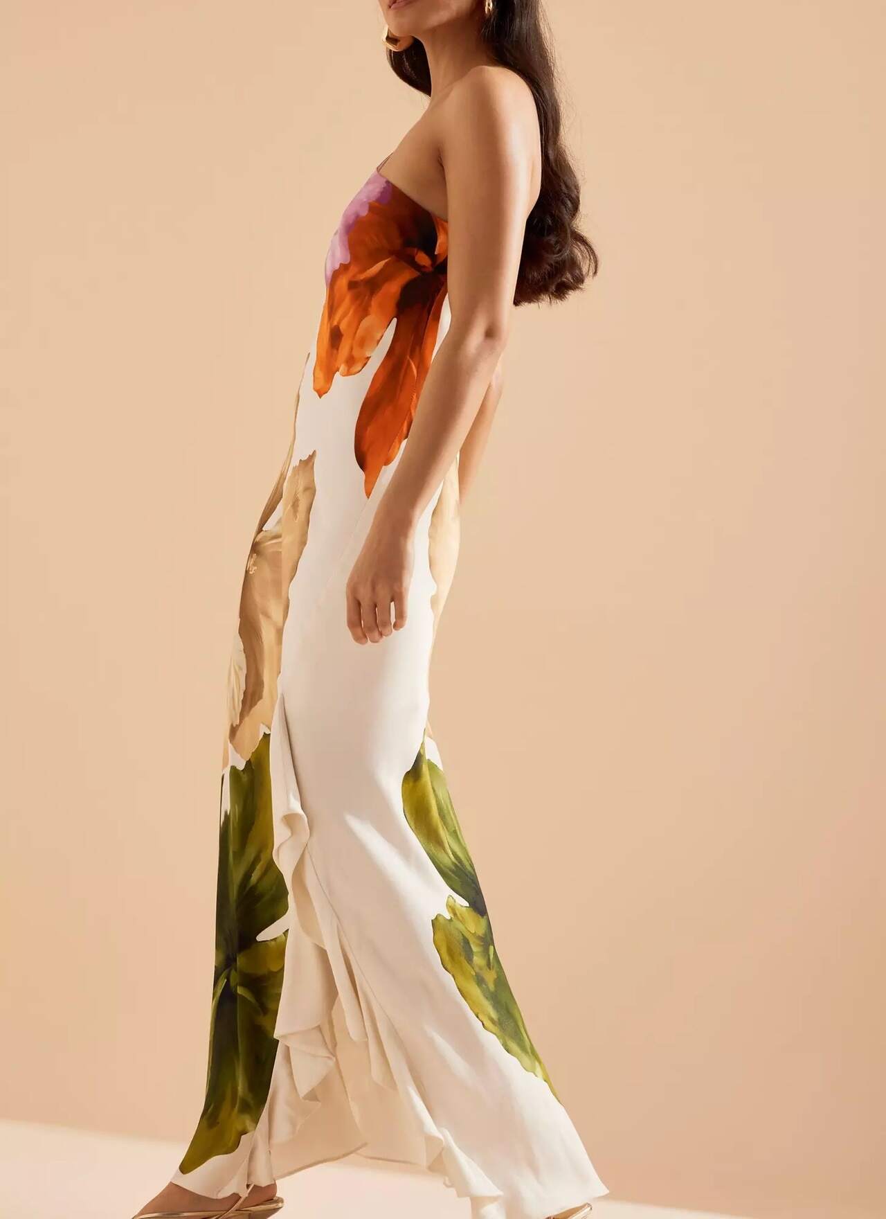 Love Filled Floral Print One Shoulder Side Ruffles Maxi Slip Dress
