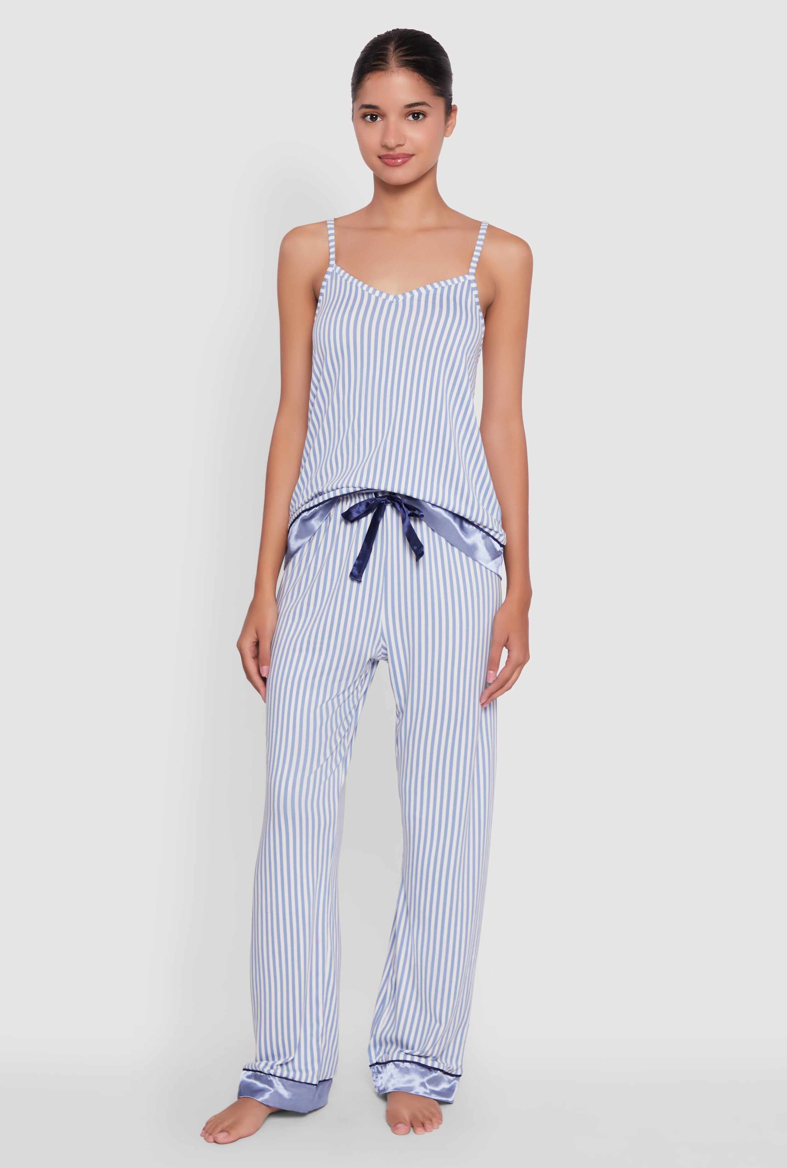 Striped Contrast Satin Trim Pajama Cami and Pants