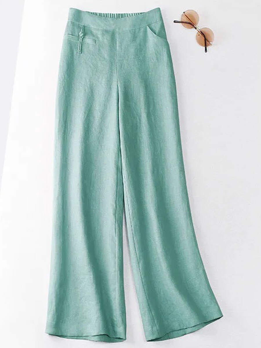 🔥Summer Arrivals🌟Women's Solid Color Button Half Elastic High Waist Casual Cotton and Linen Wide Leg Pants