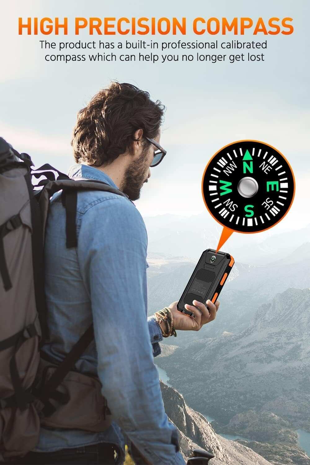 Power-Bank-Portable-Charger-Solar - 36800mAh Waterproof Portable External Backup Battery Charger Built-in Dual QC 3.0 5V3.1A Fast USB and Flashlight for All Phone and Electronic Devices (Deep Orange)