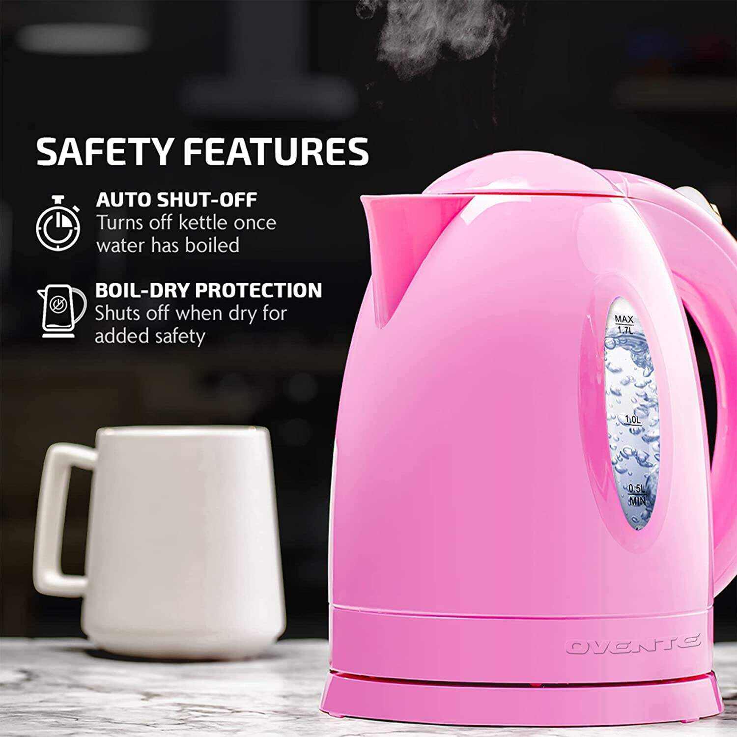 OVENTE Electric Kettle Hot Water Heater 1.7 Liter - BPA Free Fast Boiling Cordless Water Warmer - Auto Shut Off Instant Water Boiler for Coffee & Tea Pot - White KP72W