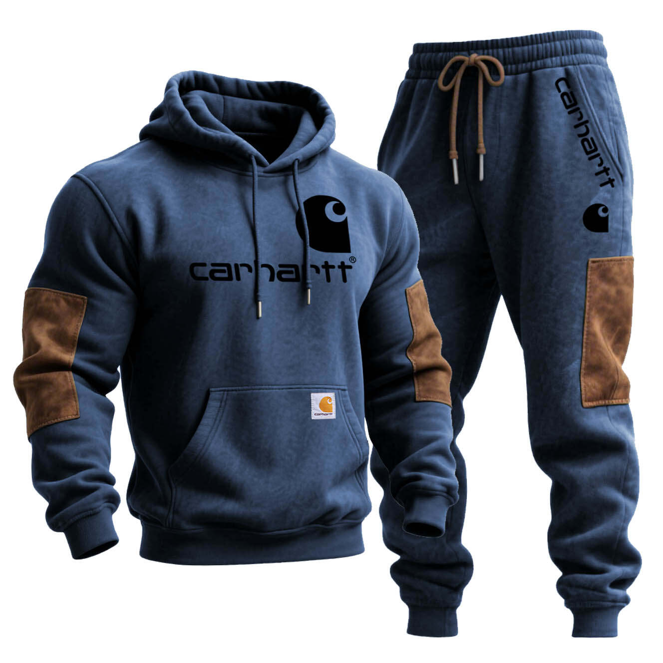Men's Vintage Army Green Stitching Brown Suede Pocket Hoodie And Sweatpants Jogger Set