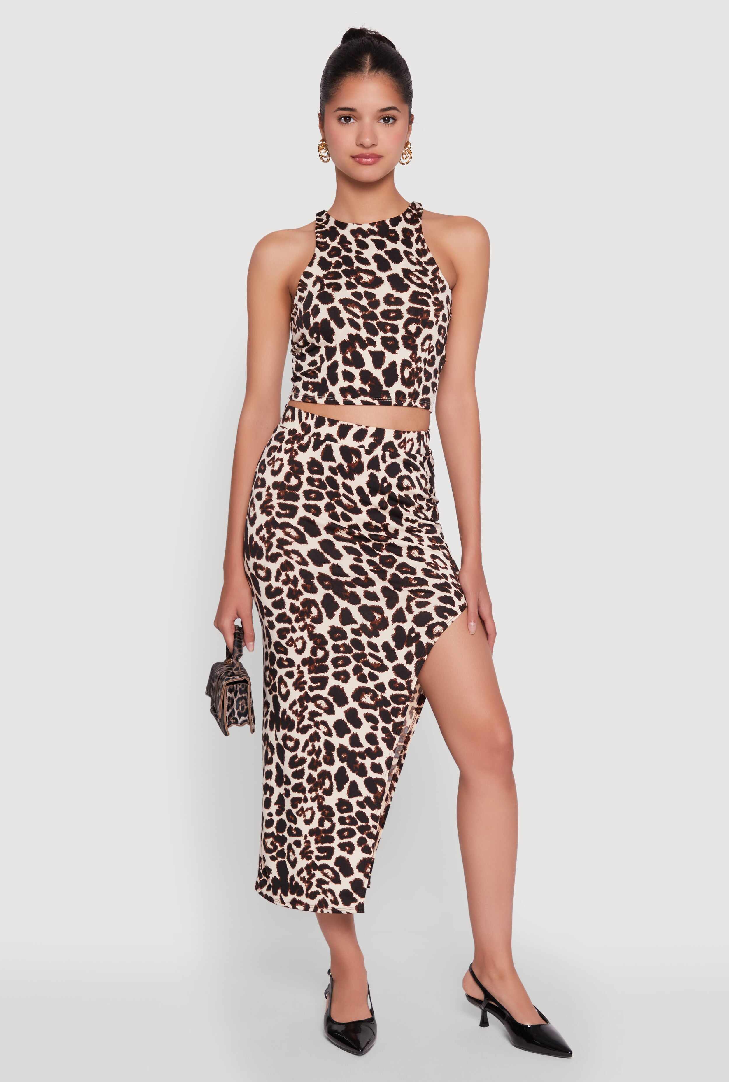 Trendy Leopard Print Side Slit High Waisted Skirt
