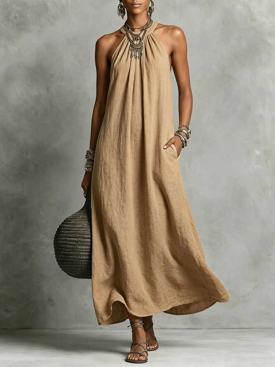 Women's Round-neck Halter Sleeveless Cotton-linen Dress