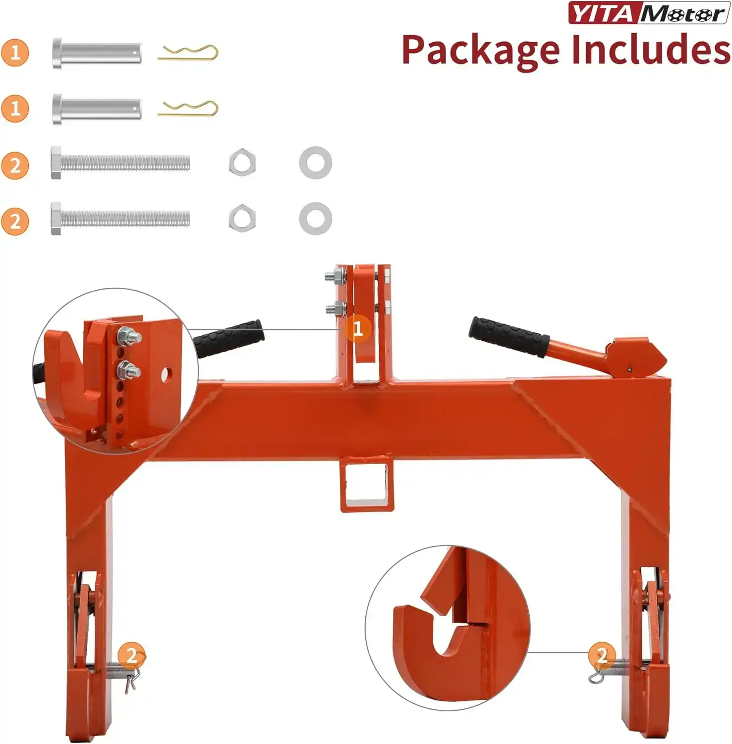 Category 1 3-point quick hitch; 3,000 lb heavy-duty 3-point tractor hitch (with 2-inch receiver); features 5-position adjustable bolts.