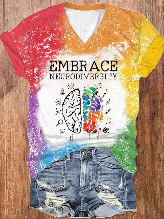 Women's Embrace Neurodiversity Colorful Brain ADHD Autism Print V-Neck T-Shirt