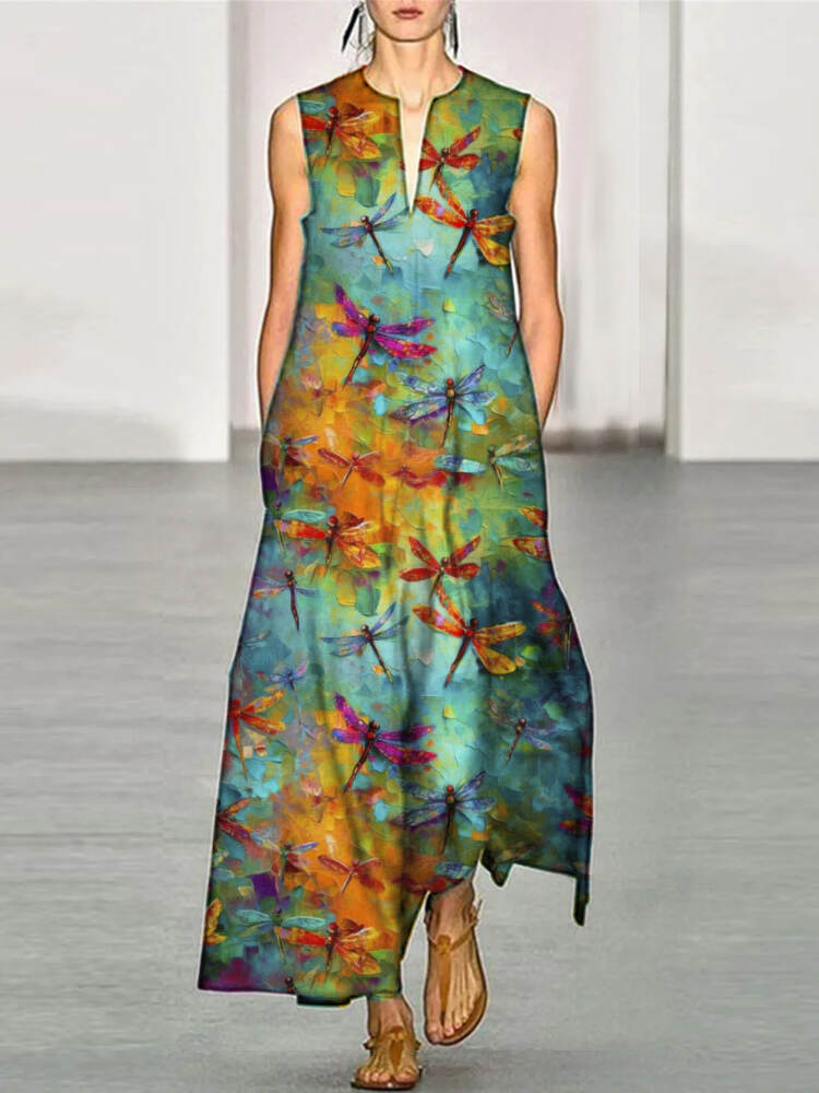 Oil Painting Dragonfly Women's Casual Resort Sleeveless Long Dress
