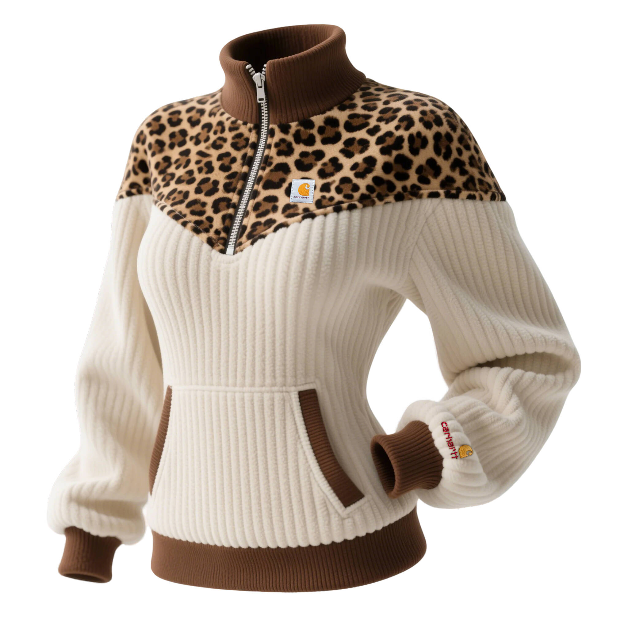 Women's Retro Corduroy Color Block Leopard Print Half-Zip Stand Collar Sweatshirt