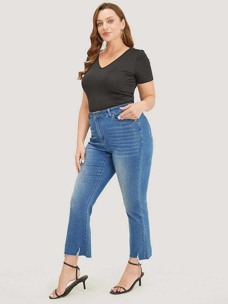 Bootcut Very Stretchy High Rise Medium Wash Distressed Hem  Jeans