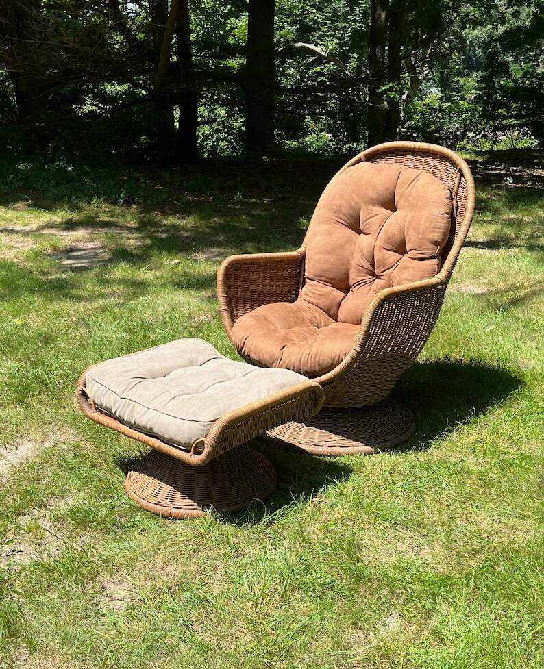 Rattan Egg Chair & Ottoman Swivels Tilts Tufted Cushions Boho Chic Mid Century Modern *Shipping is NOT included. Ask for a quote.*